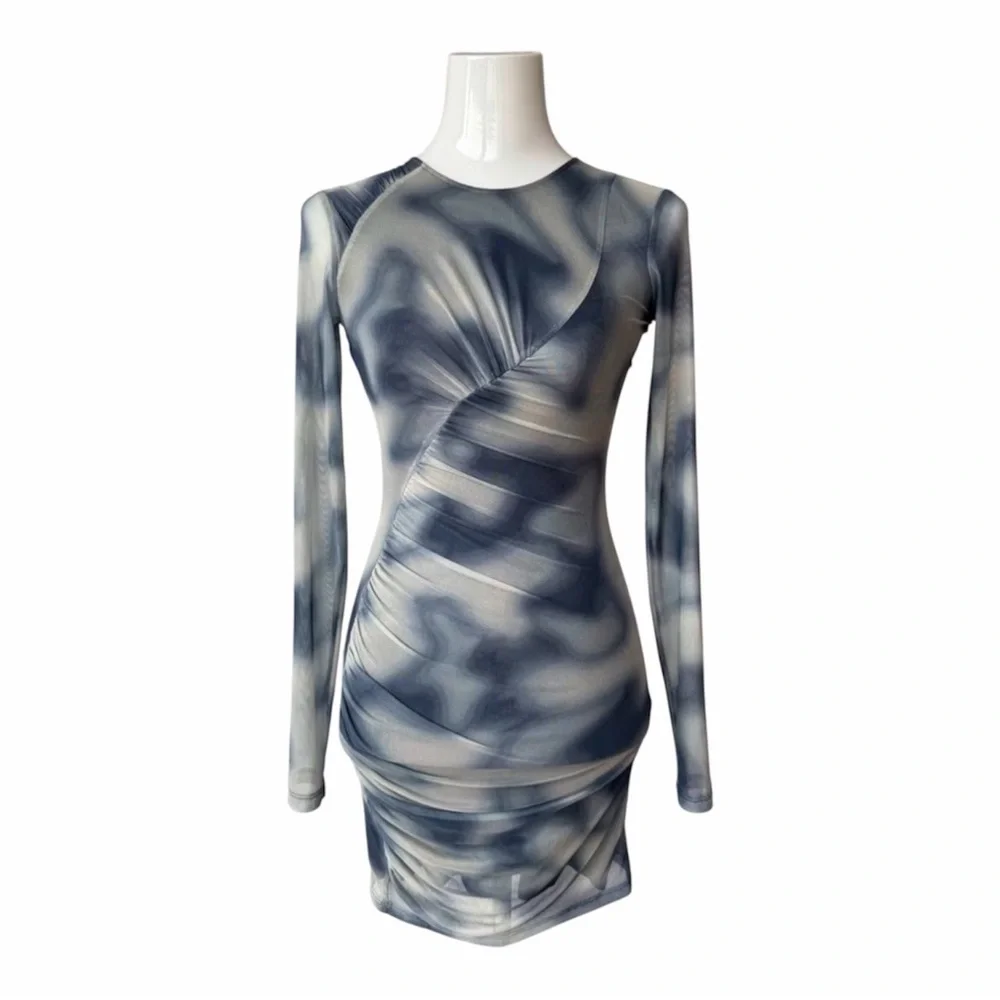 Zara Printed Tulle Long Sleeve Bodycon Dress Blue Size XS